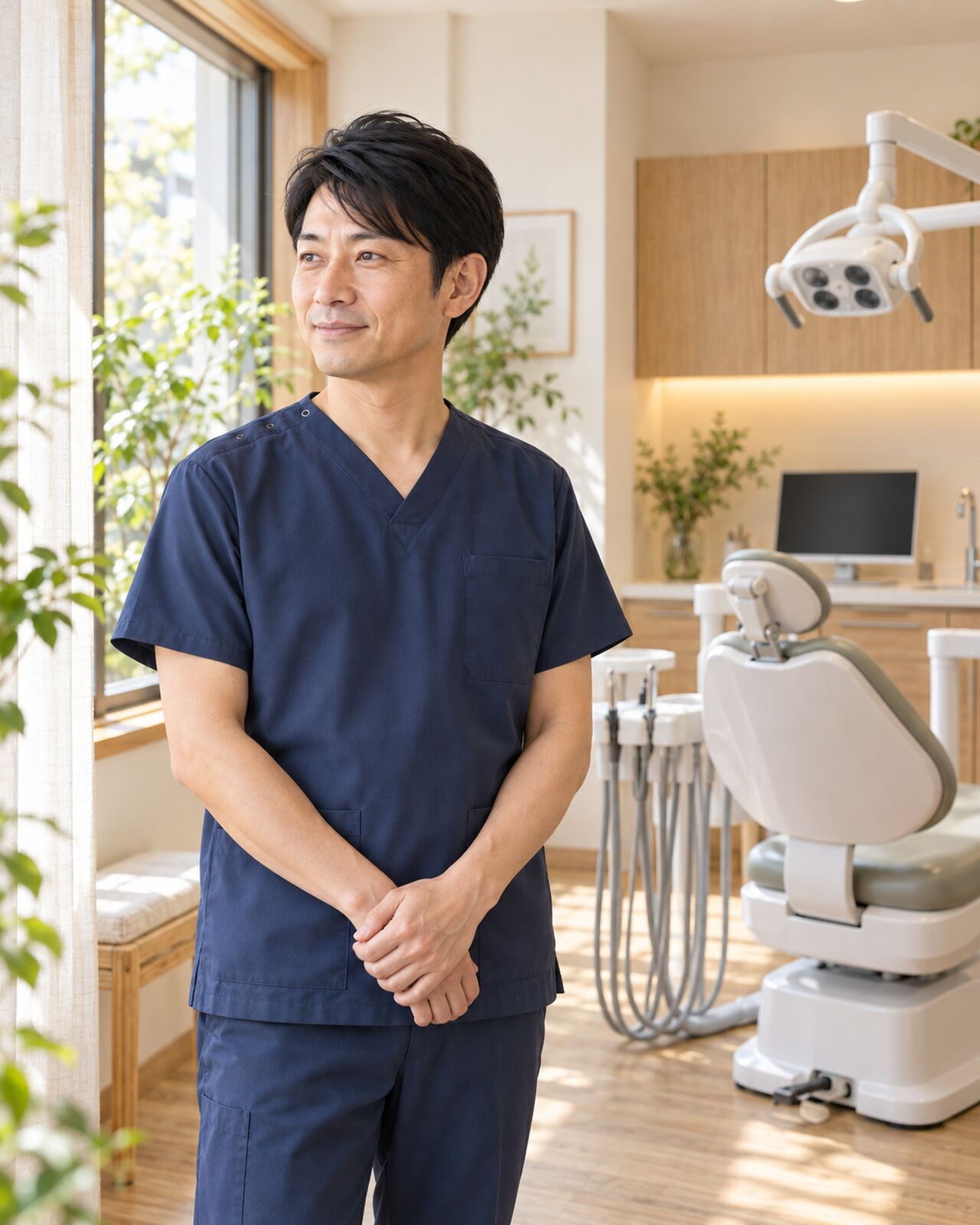 窓際で穏やかにほほえむ院長