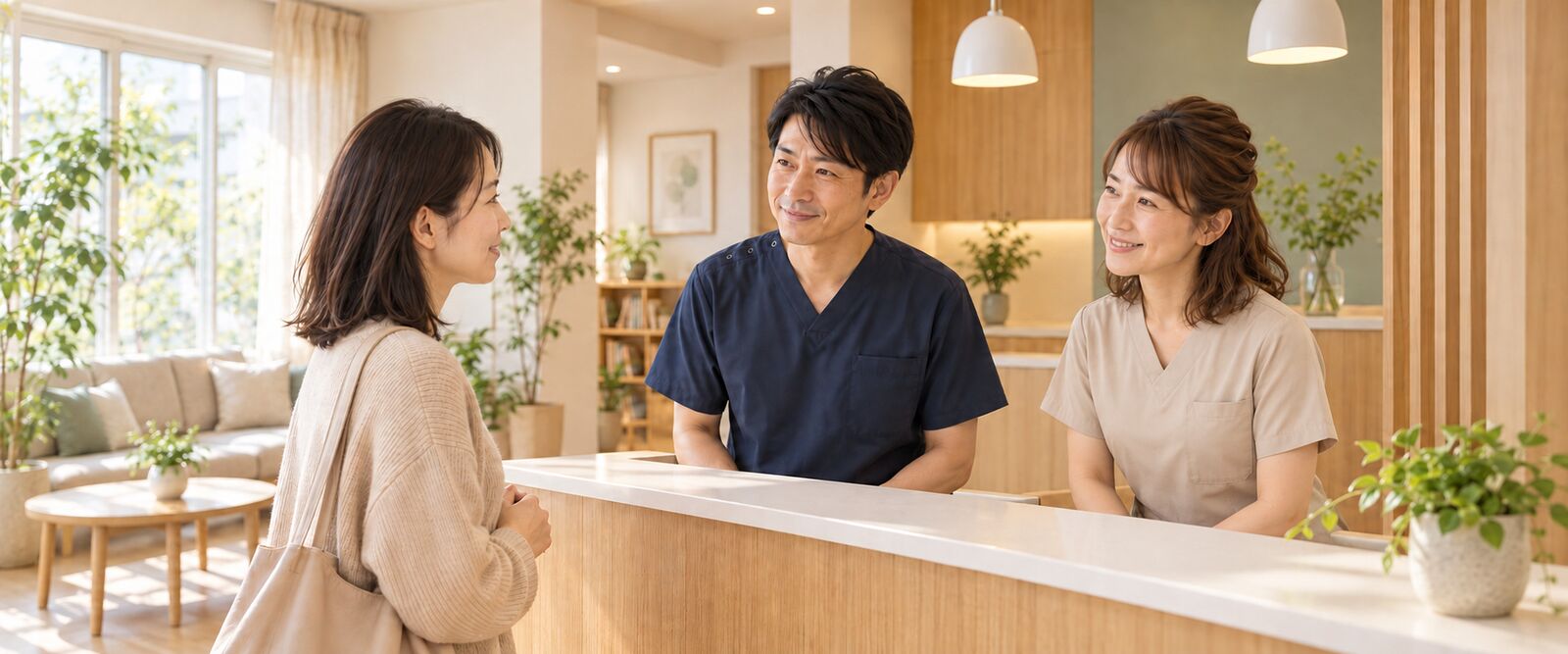 院長と受付スタッフが患者を迎える様子
