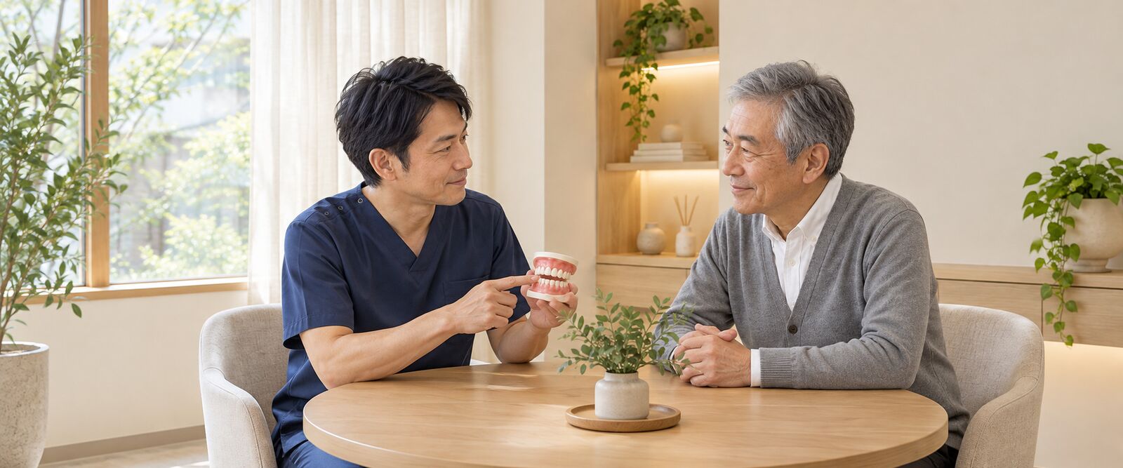 院長が歯列模型を使って患者に説明する様子