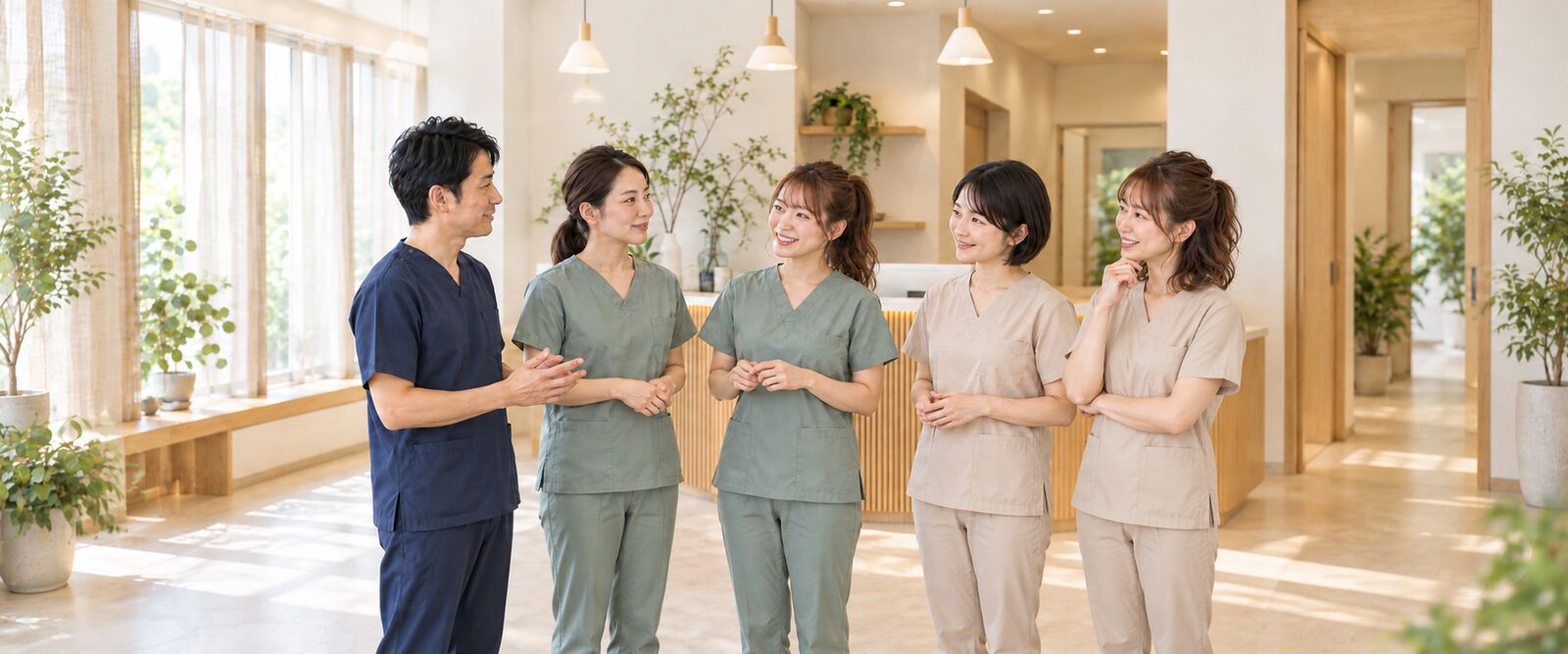 受付前で談笑するスタッフ5名