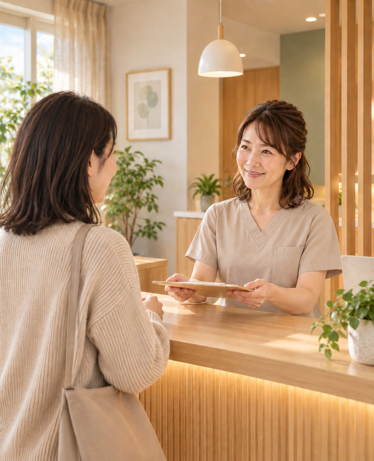受付スタッフが患者を笑顔で迎える様子