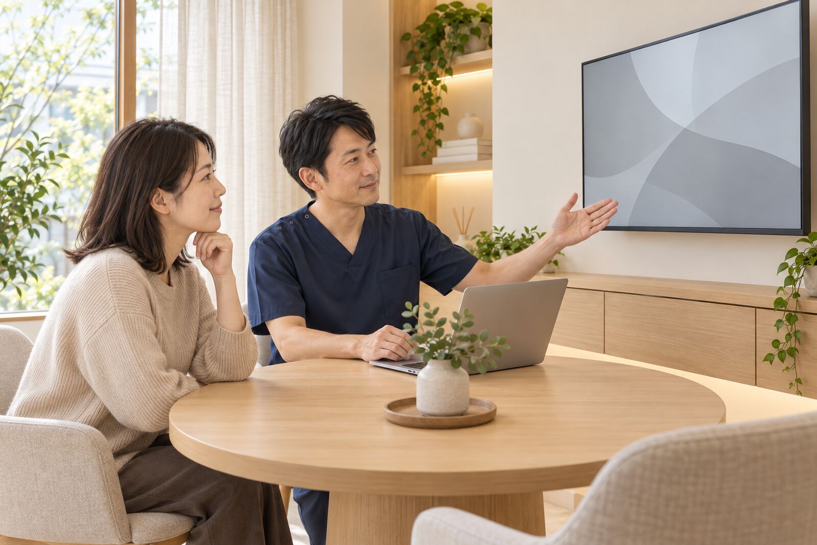 院長がモニターを見ながら患者に説明する様子