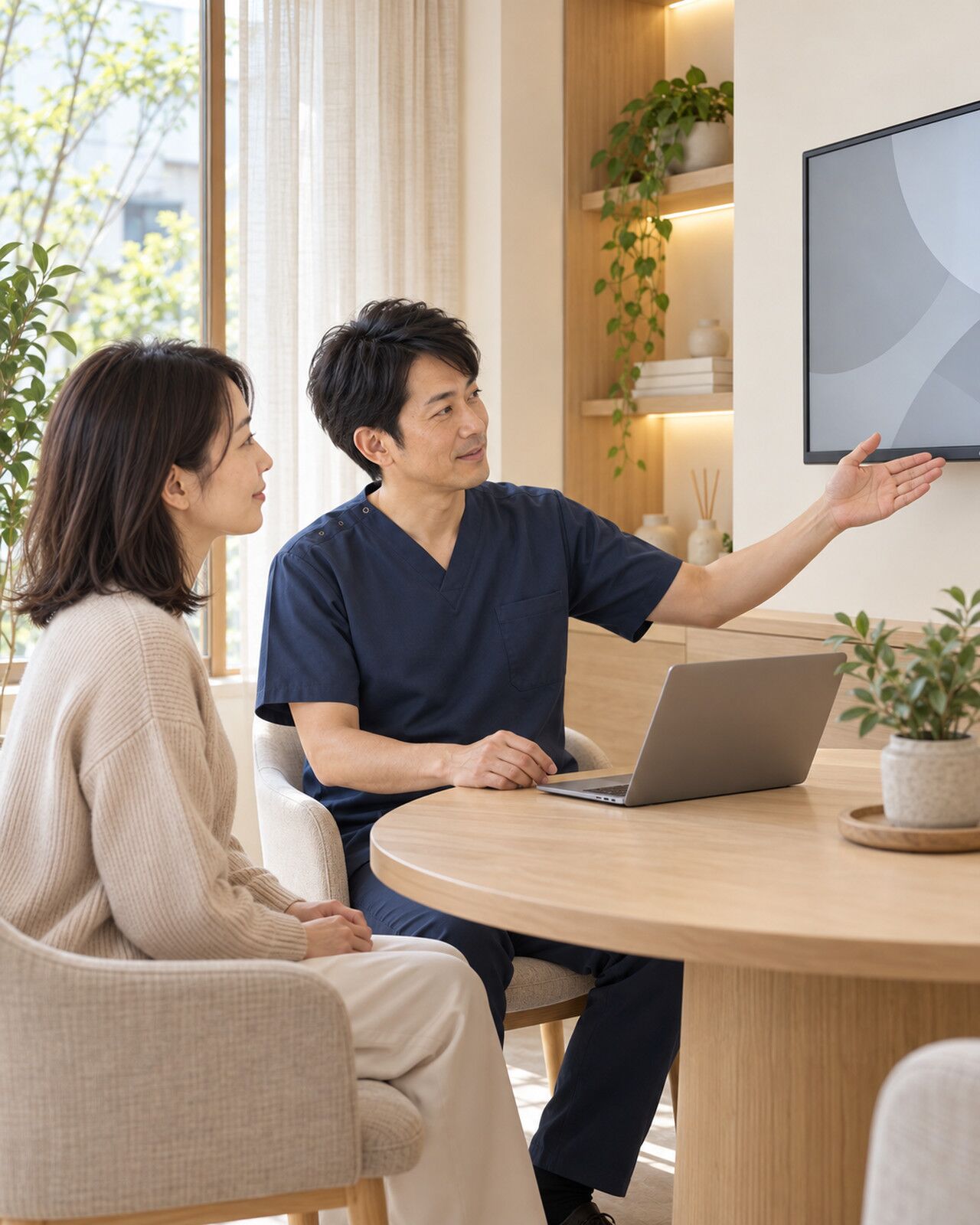 院長がモニターを見ながら患者に説明する様子
