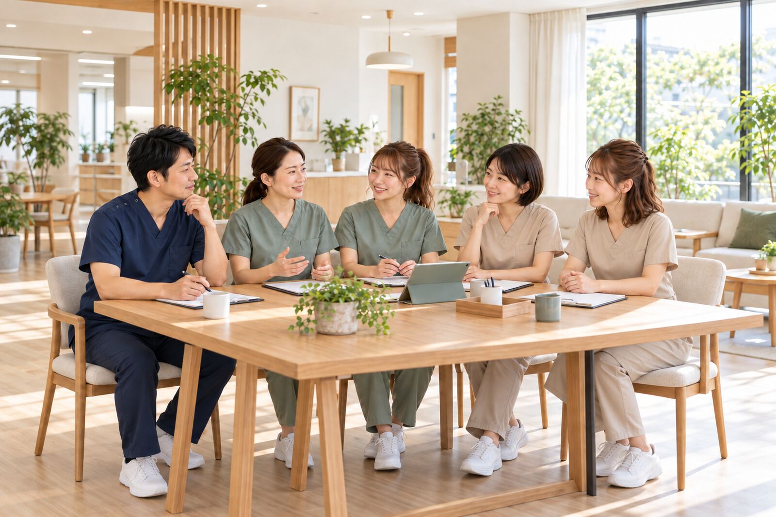 スタッフ5名が朝のミーティングをする様子