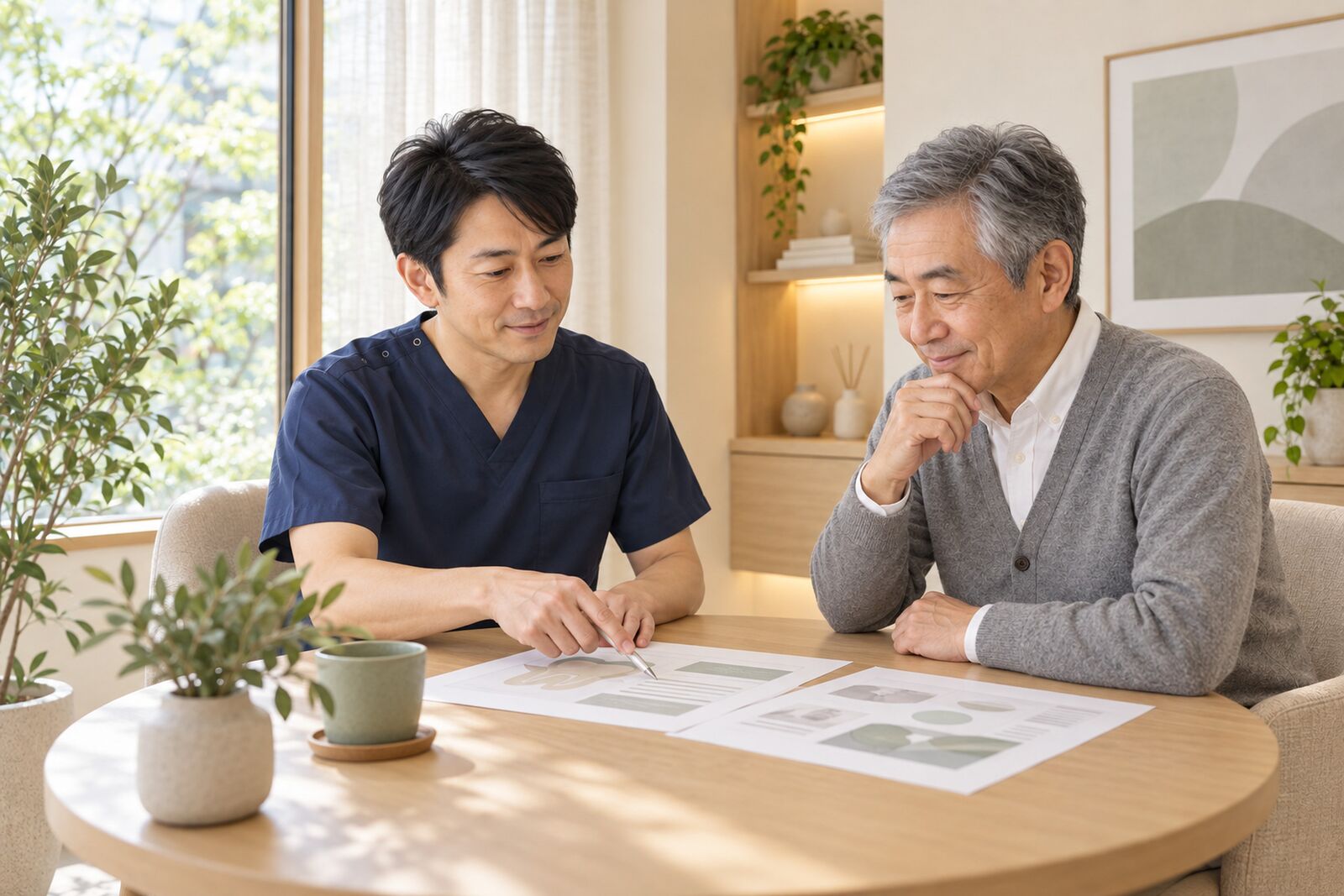 院長と患者が資料を一緒に見ながら相談する様子
