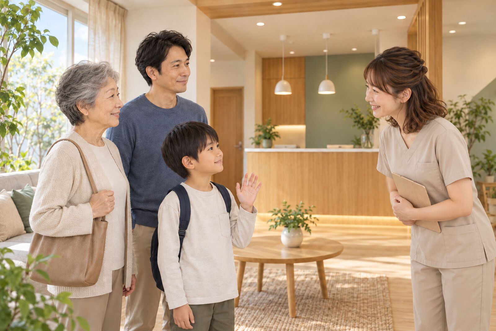 受付スタッフが三世代の家族を迎える様子
