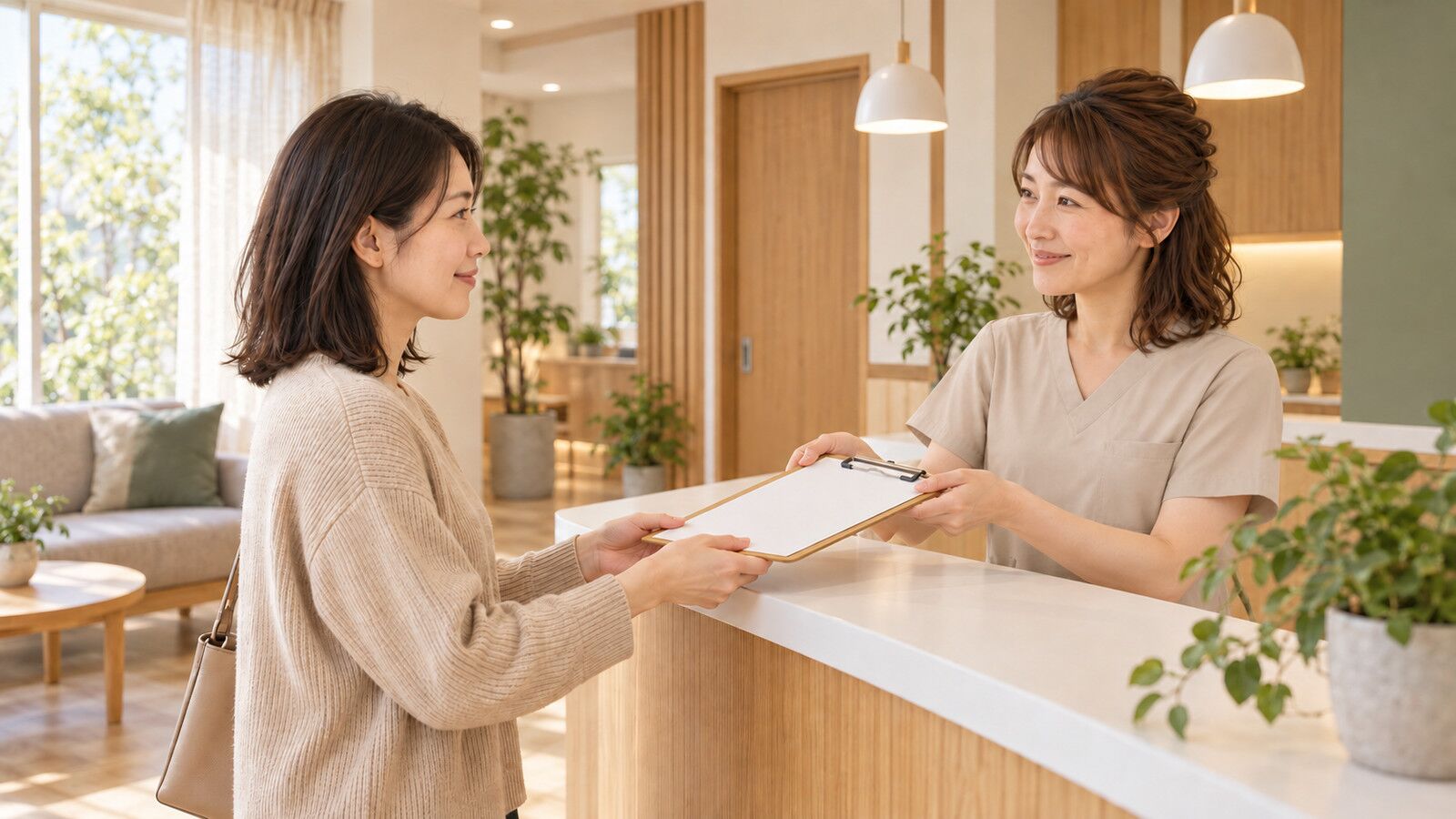 受付スタッフが患者に問診票を渡す様子