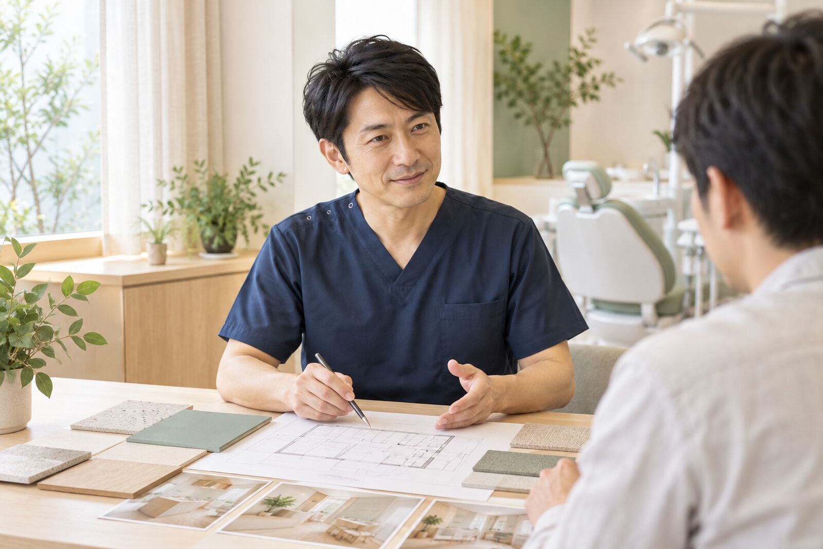院長が内装の図面と素材サンプルを確認する様子