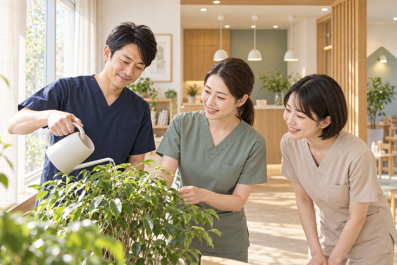 院長とスタッフが窓辺で笑い合う様子