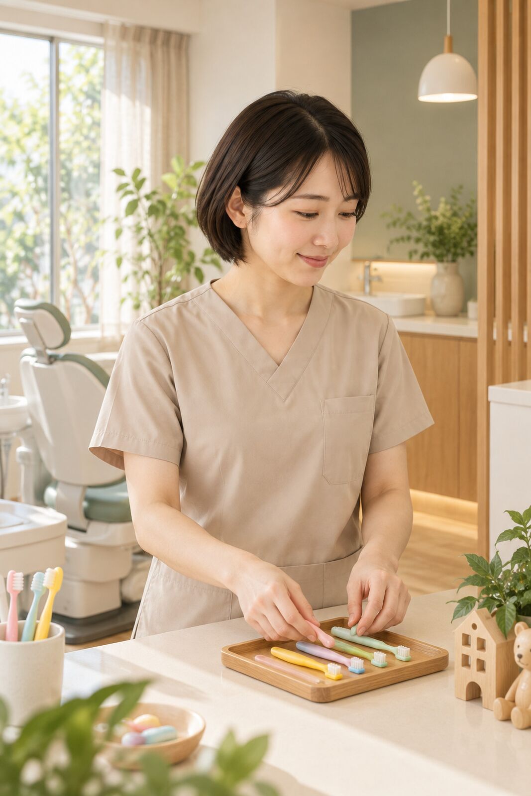中村が子ども用歯ブラシを並べる様子