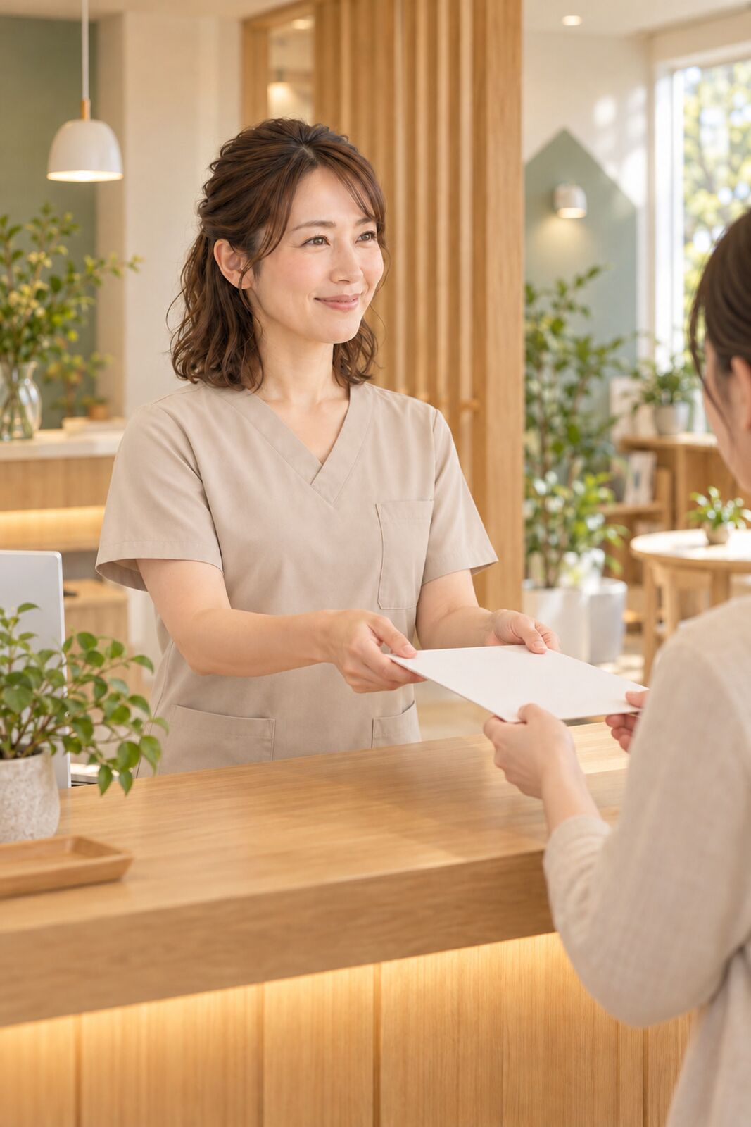 山本が受付で書類を渡す様子