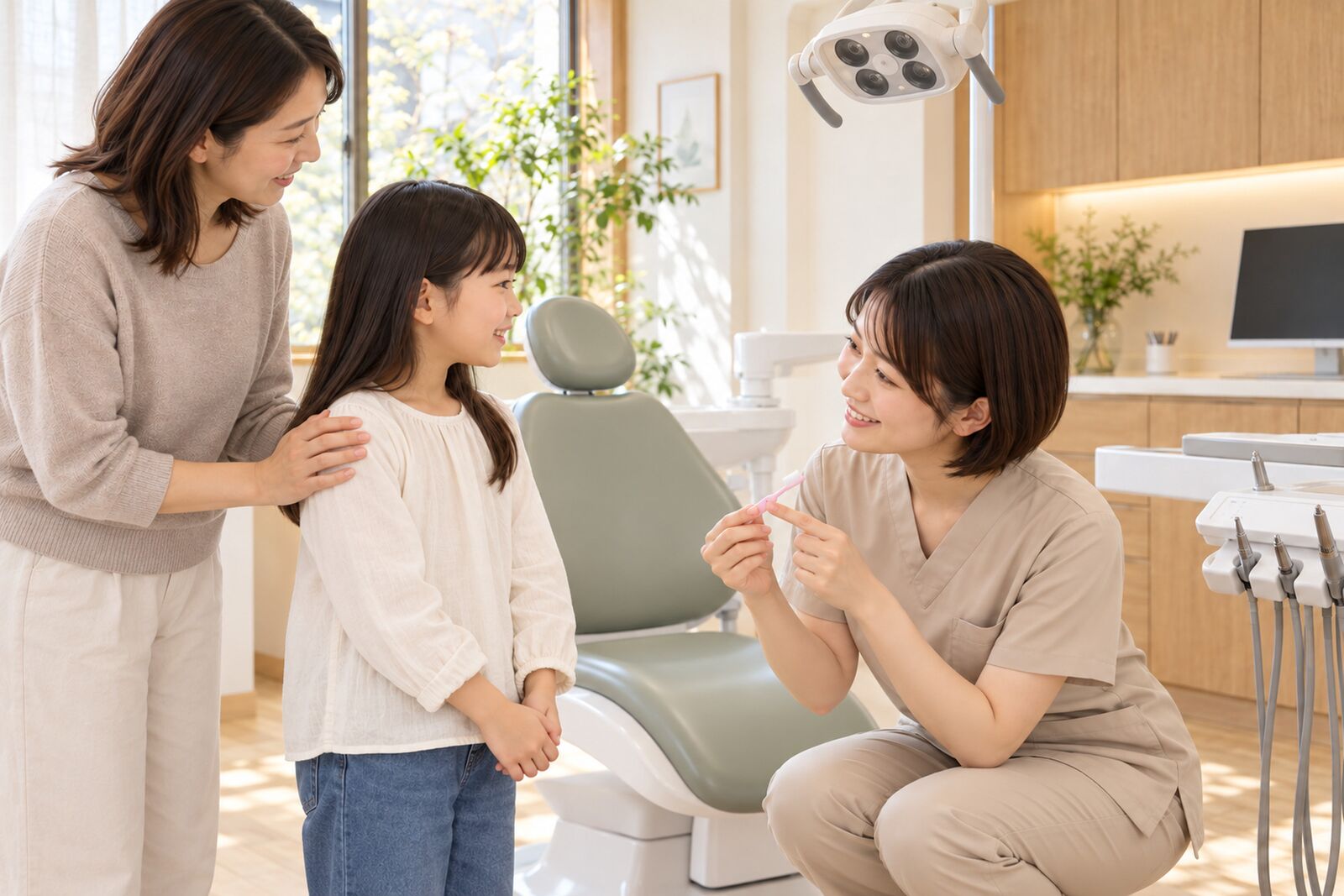 歯科助手が女の子に歯ブラシを見せて話す様子
