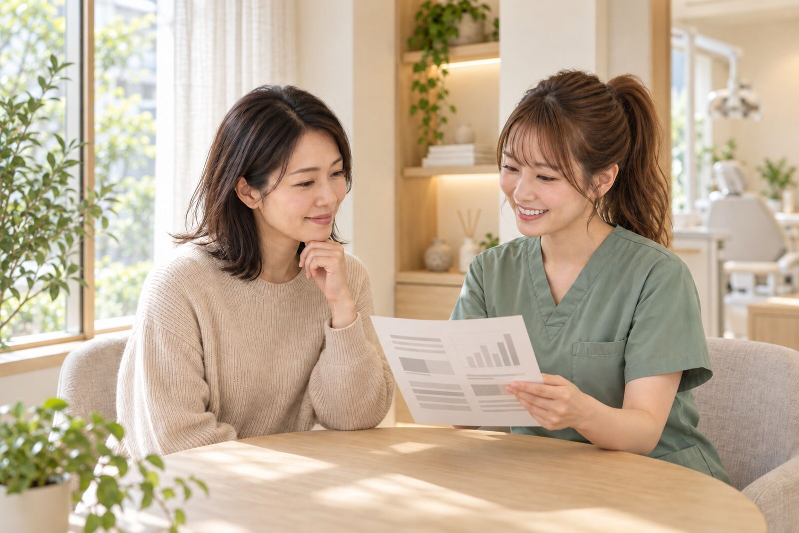 歯科衛生士と患者が検査結果を確認する様子