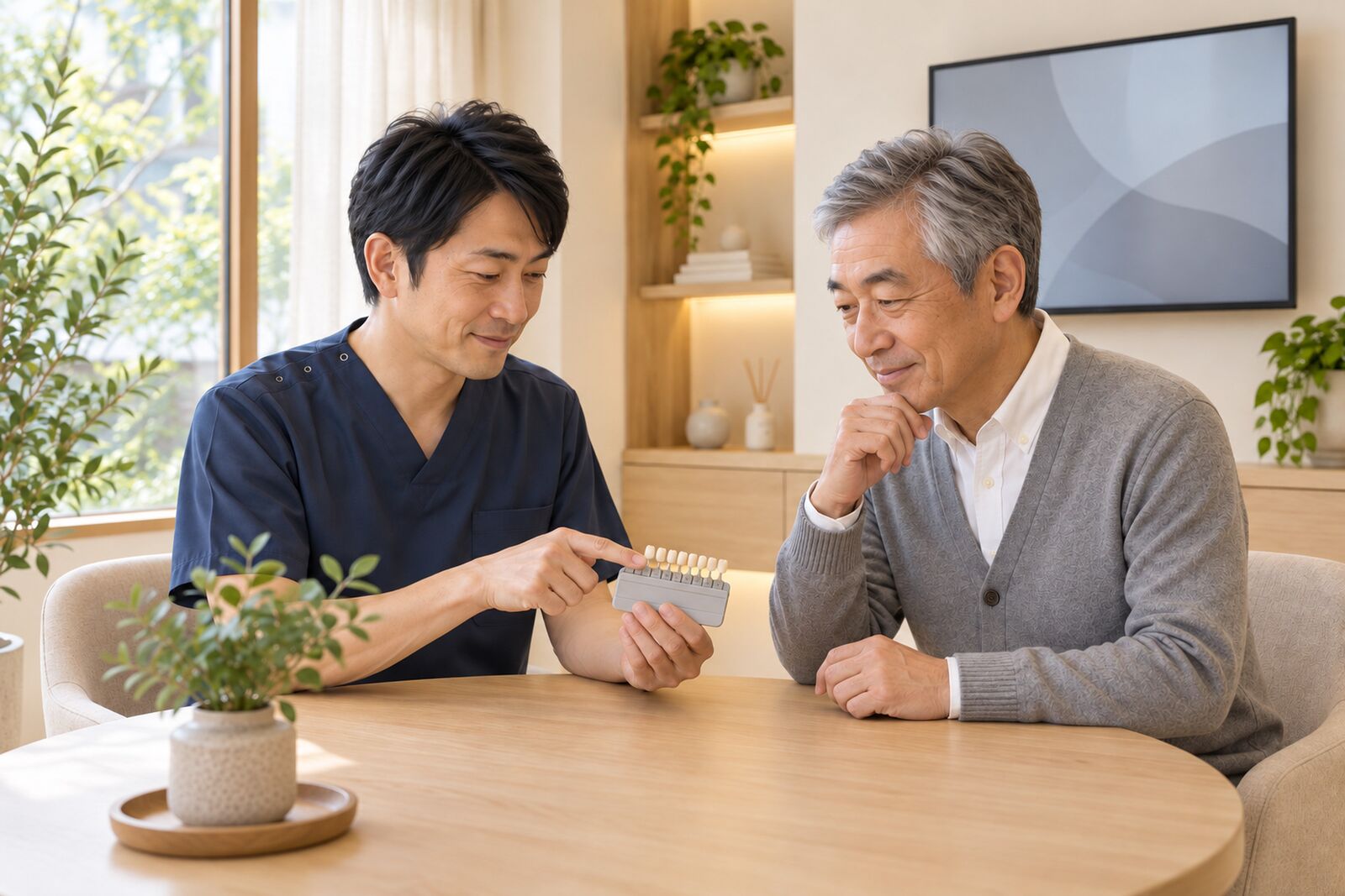 院長と患者が歯の色見本を見ながら相談する様子